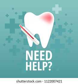 Dental help offer template. Typography design and vector sick tooth illustration.