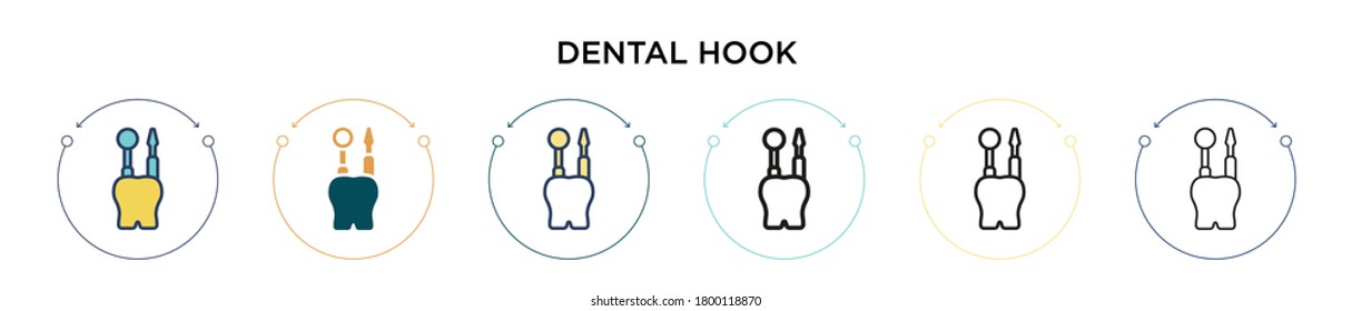 Icono de gancho dental en estilo relleno, delgado, contorno y trazo. Ilustración vectorial de dos diseños de iconos vectoriales de gancho dental de color y negro para móviles, ui, web