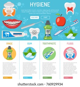 dental hygiene banner and infographics with flat icons tooth rinse, braces, floss, toothpaste and chewing gum. Isolated vector illustration