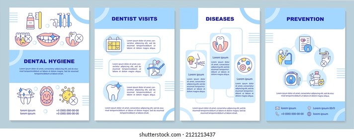 Plantilla de folleto azul de higiene dental. Tratamiento de enfermedades. Diseño del prospecto con iconos lineales. 4 diseños vectoriales para presentación, informes anuales. Arial-Black, Myriad Pro-Regular fuentes utilizadas