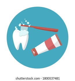 Dental hygiene. Dental care. Toothbrush, toothpaste, and tooth. Teeth cleaning. Vector illustration.