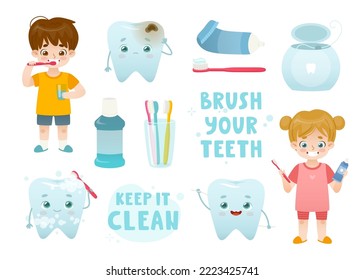 Dental hygiene cartoon set with kids and teeth. Dental care toiletries cute vector collection. Cavity prevention set.