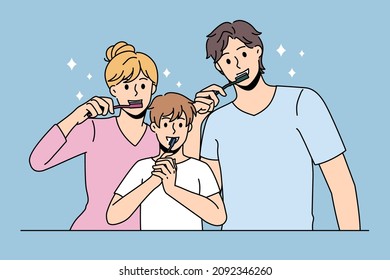 Dental hygiene and cleaning concept. Happy positive family mother father and son standing and brushing teeth during morning routine rituals vector illustration 