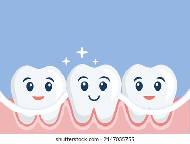 Dental hygiene. Clearning teeth with dental floss. Cute flat design.