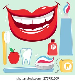 Dental hygiene collection with smile, toothbrush, toothpaste, dental floss. Vector illustration collection
