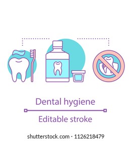 Dental Hygiene Concept Icon. Oral Health Idea Thin Line Illustration. No Caries. Mouth Rinse, Cleaning Teeth. Vector Isolated Outline Drawing. Editable Stroke