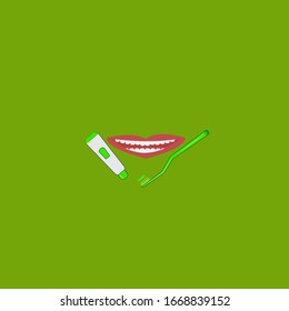 dental hygiene concept. smiling mouth with clean teeth and dental care products/dental care - background green