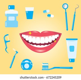 dental hygiene concept. smiling mouth with clean teeth and dental care products/dental care