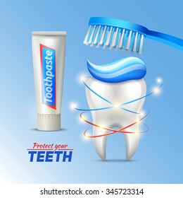 Dental hygiene concept with tooth toothbrush toothpaste and writing protect your teeth  vector illustration