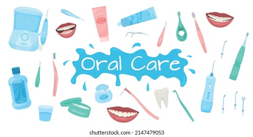 Dental hygiene flat set with isolated icons of oral care medical products and appliances with text vector illustration