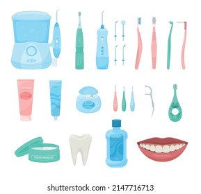 Dental hygiene flat set of isolated icons with oral care products dentists tools and smiling mouth vector illustration