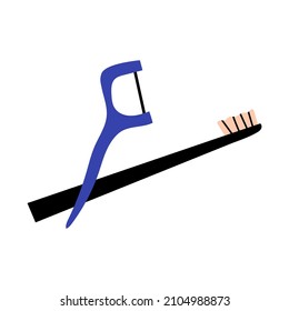 Dental hygiene. Floss for cleaning teeth and toothbrush. Vector hand drawn illustration. Isolated on white background.