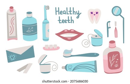 Higiene dental, dientes sanos. Ilustración vectorial para impresión, fondos, cubiertas, embalaje, tarjetas de felicitación, carteles, pegatinas, textiles, diseño estacional. Aislado sobre fondo blanco.