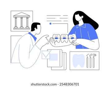 Ilustraciones vectoriales de dibujos animados aislados de higiene dental. Los estudiantes de odontología trabajan en el hospital, sosteniendo el modelo de dientes, tratamiento de ortodoncia, educación superior, dibujos animados de Vector de grado asociado.