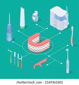 Dental hygiene isometric flowchart with braces and tools for dental care 3d vector illustration