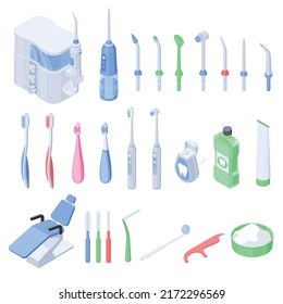 Higiene dental conjunto isométrico de brochas dentales eléctricas y de dientes habituales y boquillas para la ilustración vectorial aislada del regante