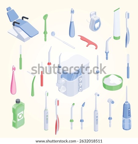 Dental hygiene isometric set of dental floss electric and usual toothbrushes and nozzles for irrigator isolated vector illustration molar health care orthodontic hospital oral care