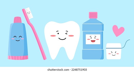 Dental hygiene items- toothbrush, toothpaste, floss and mouthwash in flat design. Teeth care concept. Oral healthcare.