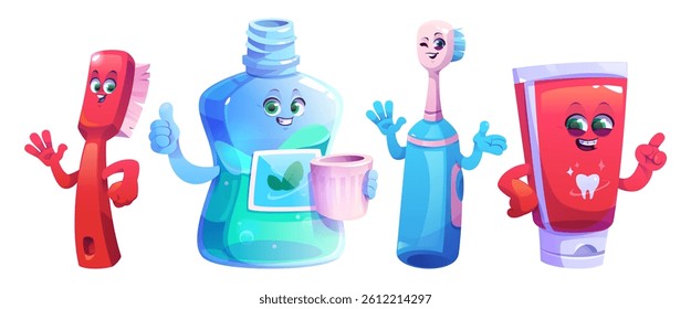 Dental hygiene kid characters set - smiling toothbrush, mouthwash bottle holding cup, electric sonic brush waving hand, red toothpaste for clean teeth. Cartoon mascots for healthy oral care habits.