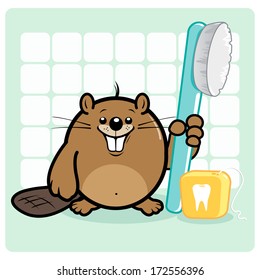 Dental hygiene for kids. Cartoon beaver with clean teeth holding a toothbrush and a dental floss. Beaver dentist doctor. Vector Illustration