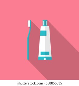 Dental Hygiene Medical Concept Design in Flat Style Surrounded with Toothbrush, Toothpaste, Floss and Apple