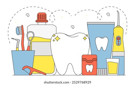 Paquete de higiene dental. Cepillo de dientes, higiene bucal y tratamiento. Hilo dental y sonda con pasta dental. Estilo de vida saludable y rutina. Ilustración vectorial lineal aislada sobre fondo blanco