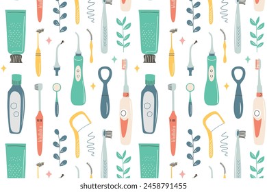 Dental hygiene pattern, seamless ornament of toothbrushes, toothpastes, irrigators doodle icons, vector illustrations of teeth products on white background, dentist clinic, oral health print