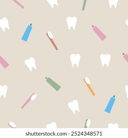 Dental hygiene pattern with teeth, toothbrush and toothpaste. Oral health background with clean and healthy tooth. Seamless pattern for dentist office. Vector Illustration