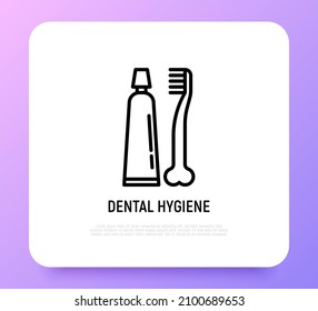 Higiene dental para mascotas: ícono de línea delgada de cepillo de dientes y pasta dental. Ilustración vectorial moderna para tienda de mascotas.