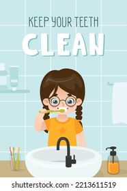 Dental hygiene poster for kids. Banner with  cartoon girl brushing her teeth in bathroom. Keep your teeth clean.