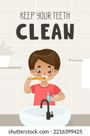 Dental hygiene poster for kids. Banner with cartoon boy brushing his teeth in bathroom. Keep your teeth clean text.