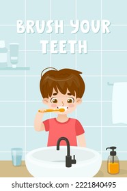 Afiche de higiene dental para niños. Cartel con niño de dibujos animados lavándose los dientes en el baño. Cepíllate el texto de tus dientes.