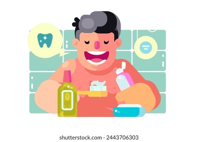 Rutina de higiene dental, ilustración vectorial. Personaje con cepillo de dientes y pasta que promueve el cuidado oral.