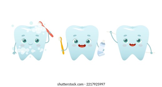 Dental hygiene set with cute teeth mascots. Cartoon tooth brushing yourself.