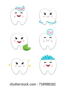Dental hygiene set with teeth clean floss toothpaste and bubbles foam. Teeth characters