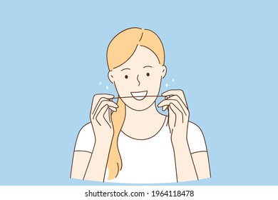 Dental Hygiene And Teeth Flossing Concept. Smiling Young Woman Standing Using Tooth Floss Cleaning Perfect White Teeth Vector Illustration