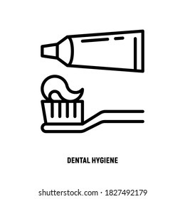 Dental hygiene thin line icon: toothpaste and toothbrush. Vector illustration.