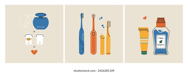 Dental hygiene tools. Cartoon toothbrush toothpaste flossing mouthwash, oral care flat style, dentist equipment for healthy teeth. Vector set