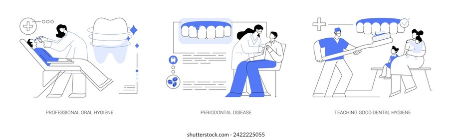 Dental hygienist abstract concept vector illustration set. Professional oral hygiene, periodontal disease, teaching good dental hygiene, removing tartar, oral medicine abstract metaphor.