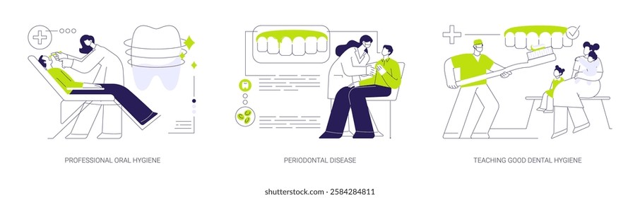 Dental hygienist abstract concept vector illustration set. Professional oral hygiene, periodontal disease, teaching good dental hygiene, removing tartar, oral medicine abstract metaphor.