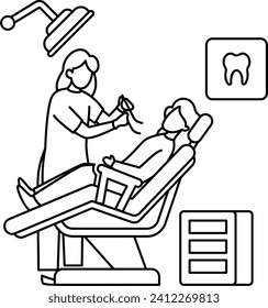 dental hygienist Concept, Young woman visiting dentist Vector outline Design, Medical and Healthcare Scene Symbol, Diseases Diagnostic Sign, Doctor and Patient Characters Stock Illustration