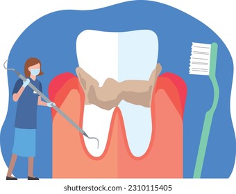 Mujer higiénica dental tomando tártaro