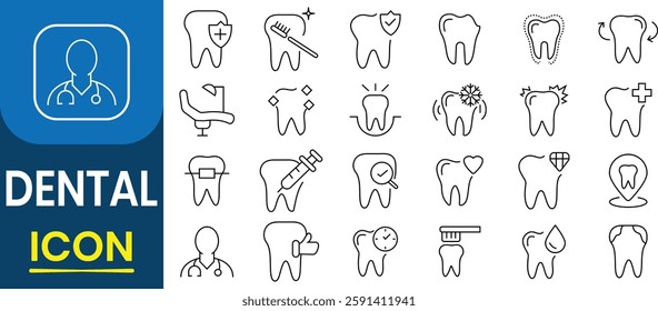 Dental icon collection. Dentist and tooth icon set. Dentist, care, teeth,  tooth, implant, removal, broken, root canal. Medical health and dentistry concept. Vector illustration.