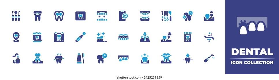 Dental icon collection. Duotone color. Vector and transparent illustration. Containing dentist, radiography, teeth, anesthesia, electric toothbrush, gingival epithelium, chair, toothpaste, toothbrush.