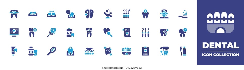 Dental icon collection. Duotone color. Vector and transparent illustration. Containing tooth, dentist chair, dentist, magnifying glass, clean tooth, mirror, cavities, brushing teeth, teeth.