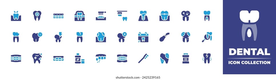 Dental icon collection. Duotone color. Vector and transparent illustration. Containing tooth, teeth brush, braces, bacteria, plaque, suction, teeth, infection, toothache, enamel, peri implantitis.