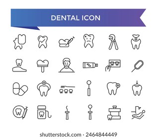 Dental icon collection. Related to tooth, dentist, toothpaste, toothbrush, teeth, implant and dentistry icons. Line icon set.