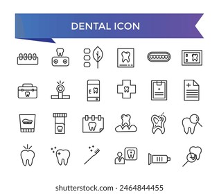 Dental icon collection. Related to tooth, dentist, toothpaste, toothbrush, teeth, implant and dentistry icons. Line icon set.