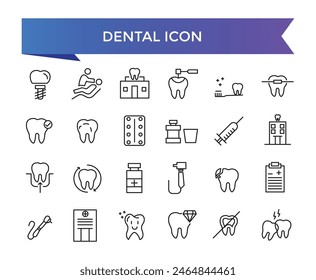 Dental icon collection. Related to tooth, dentist, toothpaste, toothbrush, teeth, implant and dentistry icons. Line icon set.