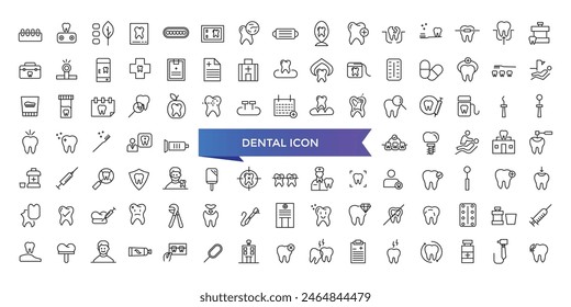 Dental icon collection. Related to tooth, dentist, toothpaste, toothbrush, teeth, implant and dentistry icons. Line icon set.